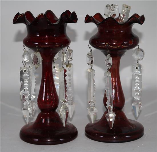 A pair of small ruby glass lustres